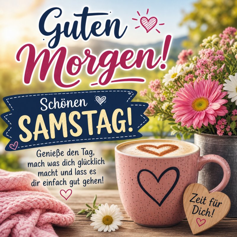 Ein herzförmiger Kaffee in einer Tasse und Blumen mit einem Guten-Morgen-Gruß für Samstag unter einem blauen Himmel mit liebevollen Details.