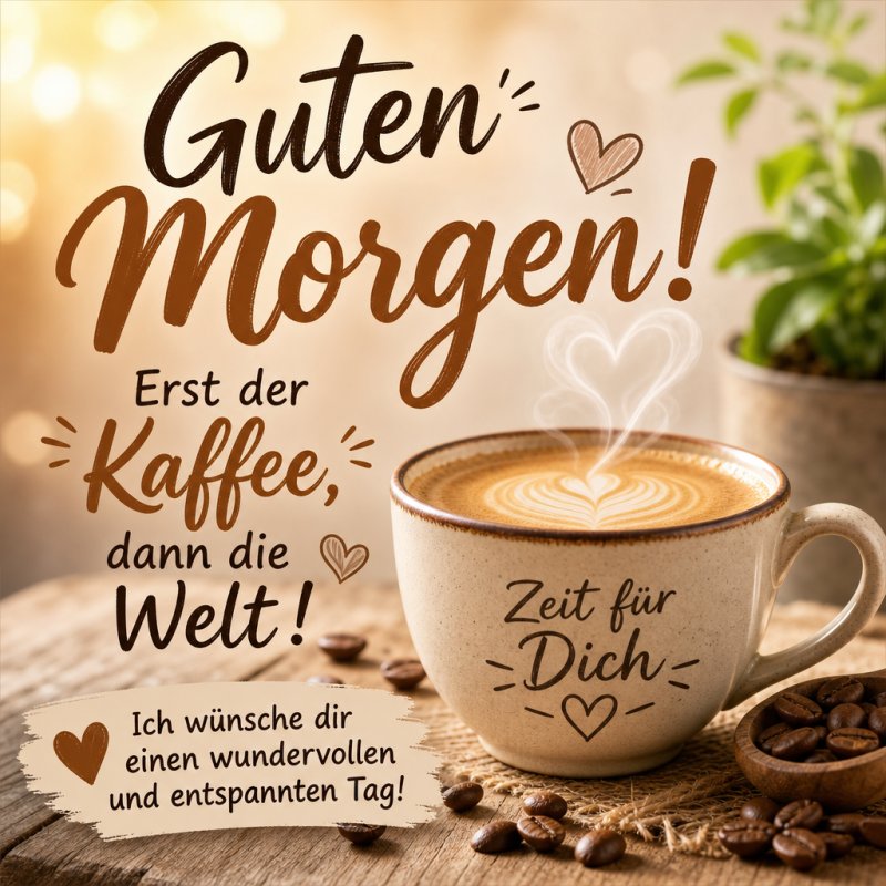 Ein Guten-Morgen-Gruß zeigt eine Tasse Kaffee mit herzförmigem Milchschaum, umgeben von Kaffeebohnen und Pflanzen, mit motivierenden Botschaften.