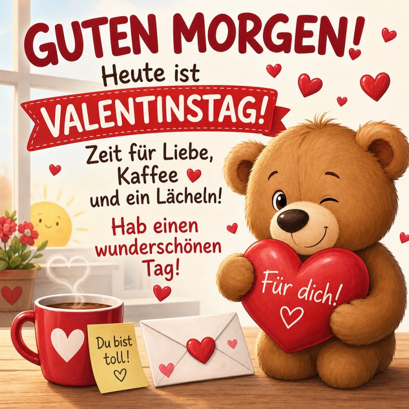 Ein lächelnder Bär hält ein Herz mit der Aufschrift 'Für dich!' inmitten von Herzen, einer Tasse Kaffee und einem Brief für einen Guten-Morgen-Gruß zum Valentinstag.