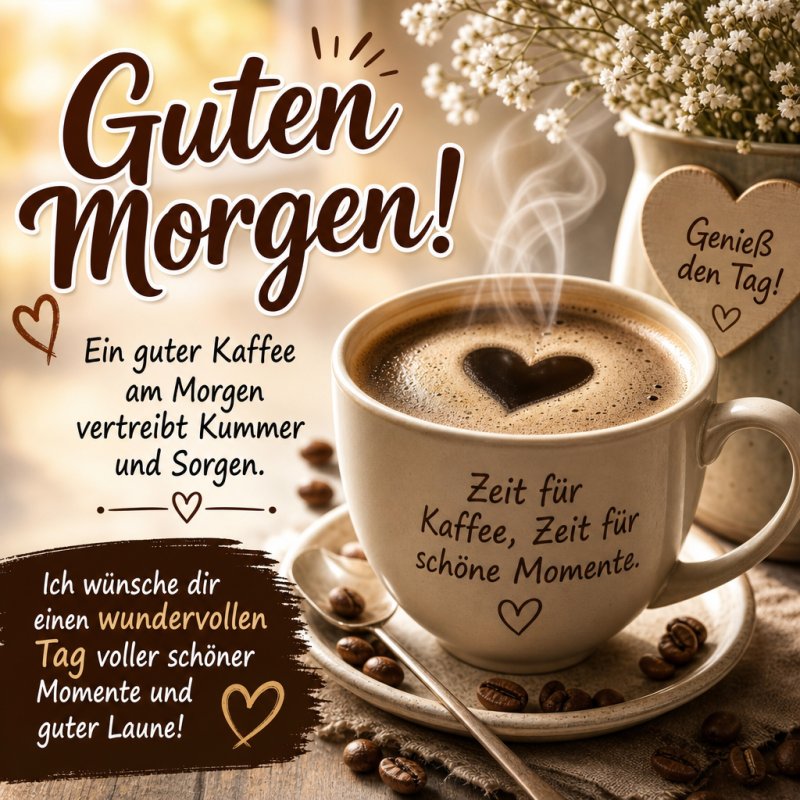Ein Guten-Morgen-Gruß zeigt eine Tasse Kaffee mit Herz-Milchmuster auf einem Holztisch, umgeben von Blumen und motivierenden Sprüchen für einen guten Start.