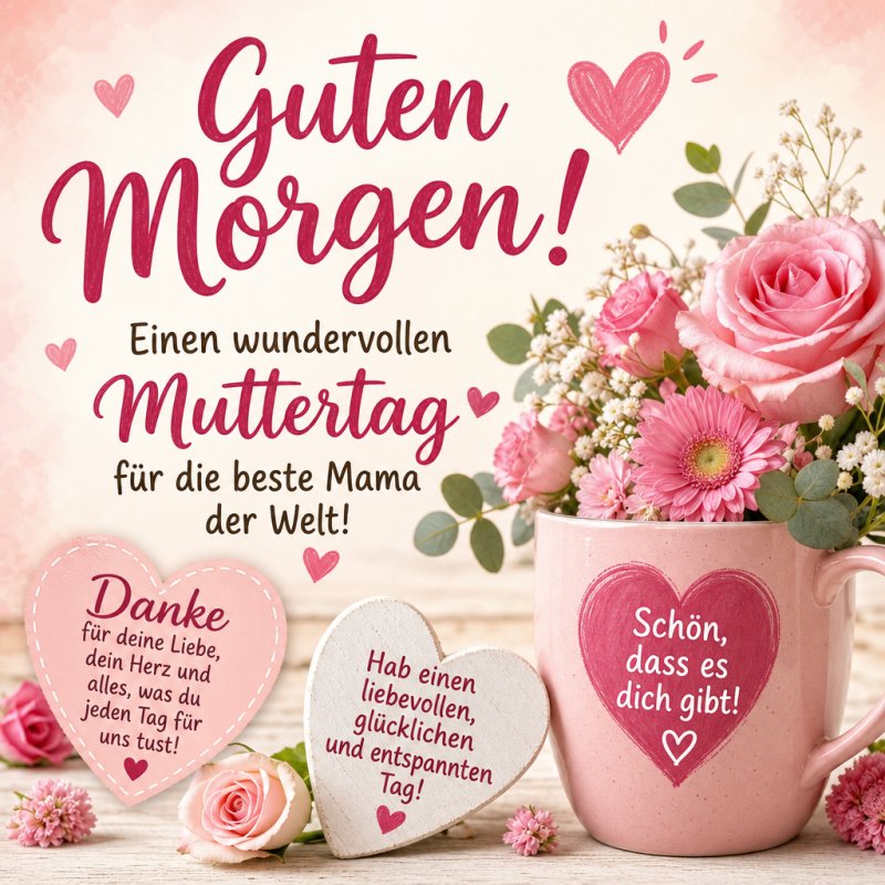Ein fröhlicher Guten-Morgen-Gruß zum Muttertag mit rosa Blumen in einer Tasse und herzförmigen Botschaften auf Holzherzen.