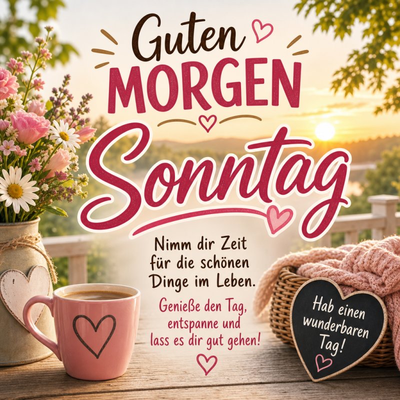 Ein liebevoller Guten-Morgen-Gruß zeigt eine Tasse mit Herzmotiv, rosa Blumen in einer Vase und einen rustikalen Hintergrund mit Holzzaun und Sonnenaufgang.