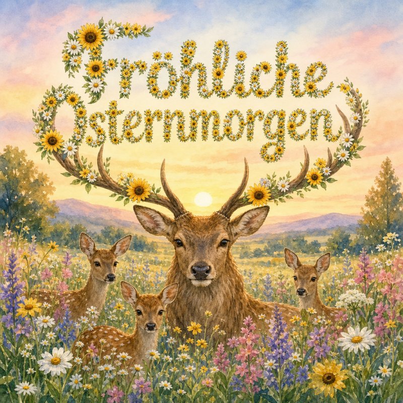 In einem zarten Aquarell zeigt "Fröhliche Osternmorgen" einen fliederfarbenen Morgen mit einer Hirschfamilie im Feld voller bunter Wildblumen.