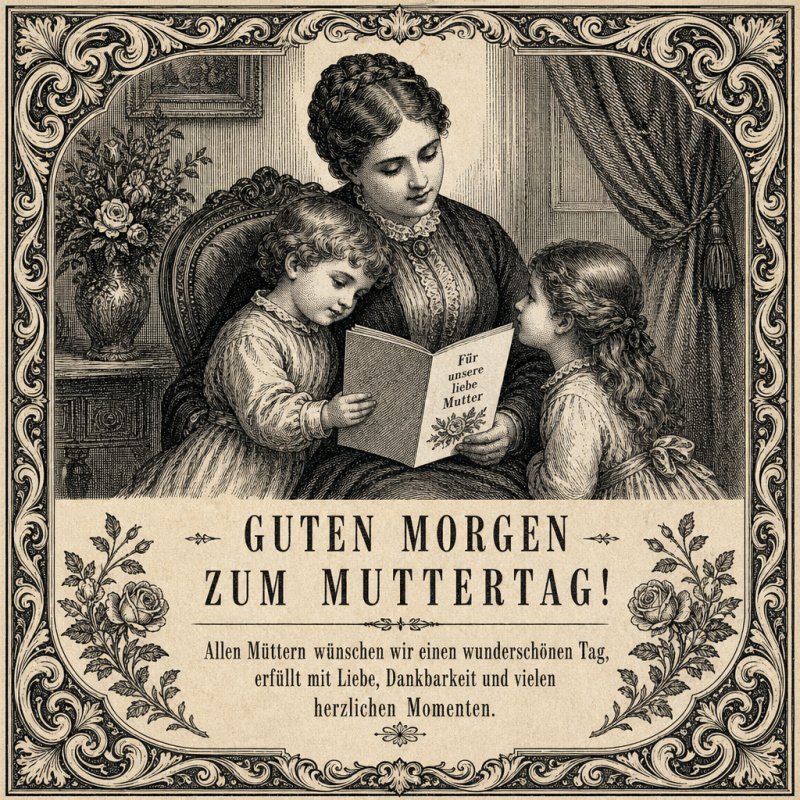 Ein nostalgisches Bild zeigt eine Mutter, die mit ihren Kindern liebevoll in einem Buch blättert, ideal als Guten-Morgen-Gruß zum Muttertag.