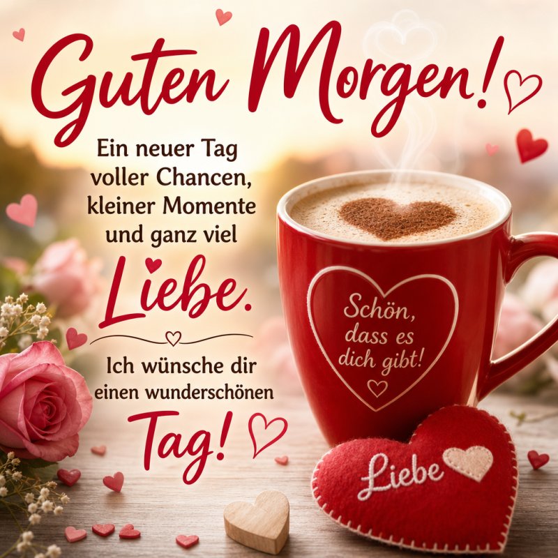 Ein Guten-Morgen-Gruß zeigt eine Tasse Kaffee mit Schaumherz, umgeben von Blumen und Herzen, vermittelt eine liebevolle und herzliche Stimmung.