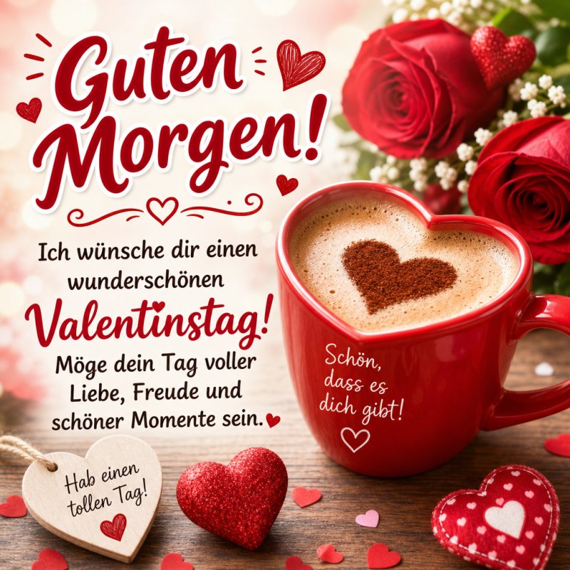 Ein roter Guten-Morgen-Gruß mit einer herzförmigen Kaffeetasse, Rosen und dekorativen Herzen verbreitet Valentinstagsstimmung.