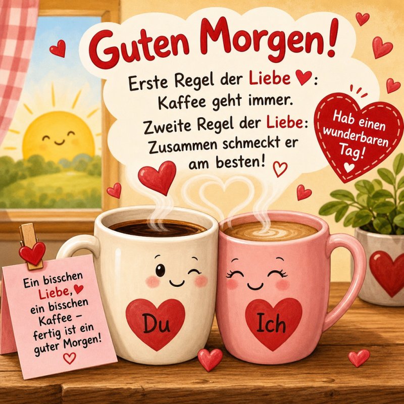 Zwei lächelnde Kaffeetassen mit Herzen und Liebesregeln stehen vor einem sonnigen Fenster, ein perfekter Guten-Morgen-Gruß für Verliebte.