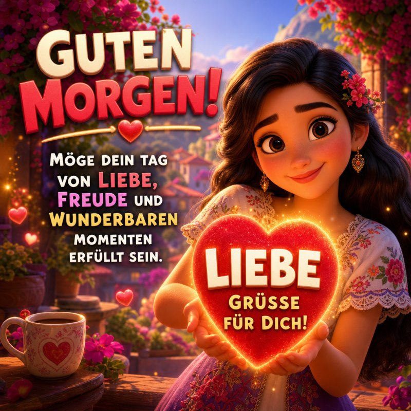 Ein strahlendes Mädchen hält ein leuchtendes Herz mit der Aufschrift 'Liebe Grüße für Dich' in den Händen, umgeben von Blumen als Guten-Morgen-Gruß.