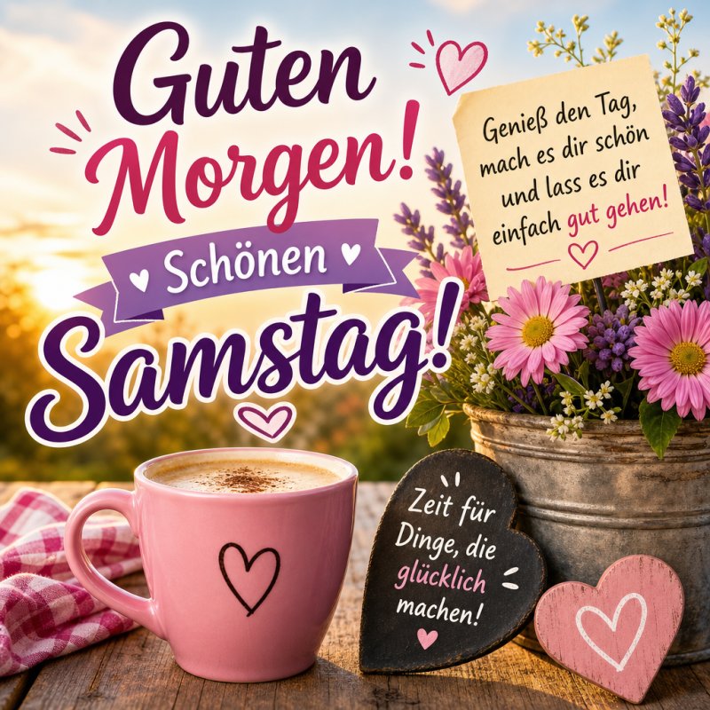 Ein gemütlicher Guten-Morgen-Gruß zeigt eine rosa Tasse mit Herz, frische Blumen in einem Topf und ein Herzbrett mit positiver Botschaft unter blauem Himmel.