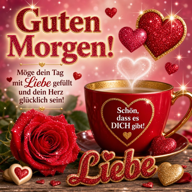 Ein liebevoller Guten-Morgen-Gruß mit roter Tasse, funkelnden Herzen, Rose und positiven Botschaften in einem romantischen, roten und goldenen Stil.