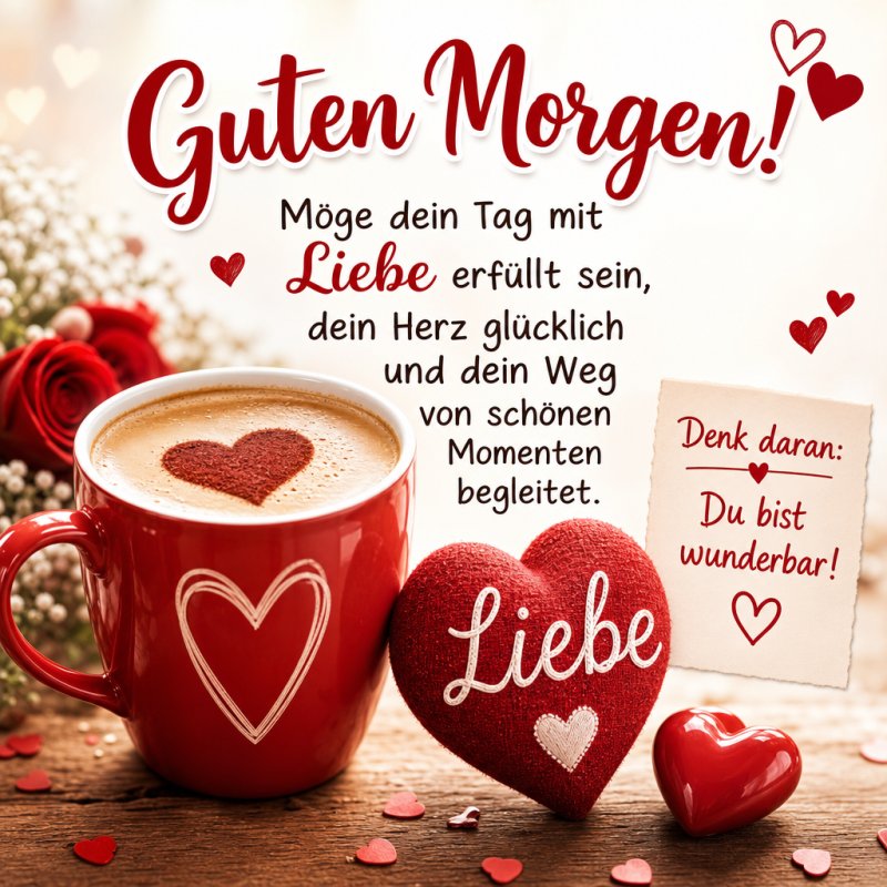 Ein herzförmiger Becher mit Kaffee, rote Rosen und Herzen schmücken diese liebevolle Guten-Morgen-Grußkarte voller Wärme und Zuneigung.