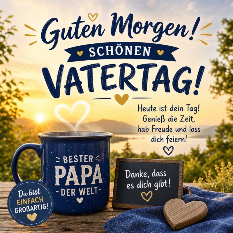 Ein Guten-Morgen-Gruß zum Vatertag mit einem Kaffeebecher und Herzdekoration vor einem See bei Sonnenaufgang und einem Danke-Schild.