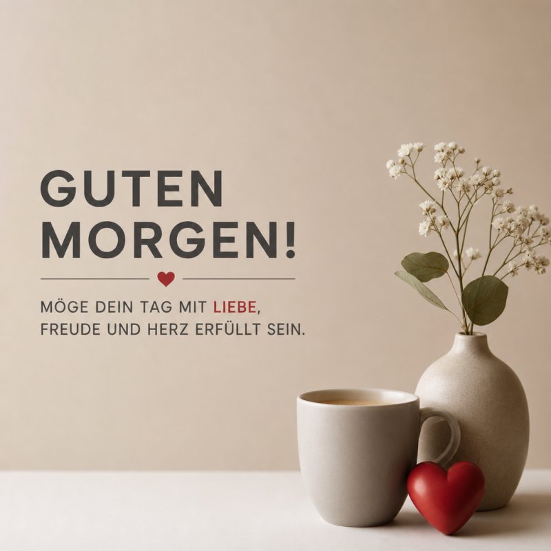 Ein herzlicher Guten-Morgen-Gruß mit einer weißen Vase voller Blumen, einem Kaffeebecher und einem roten Herz auf schlichtem Hintergrund.