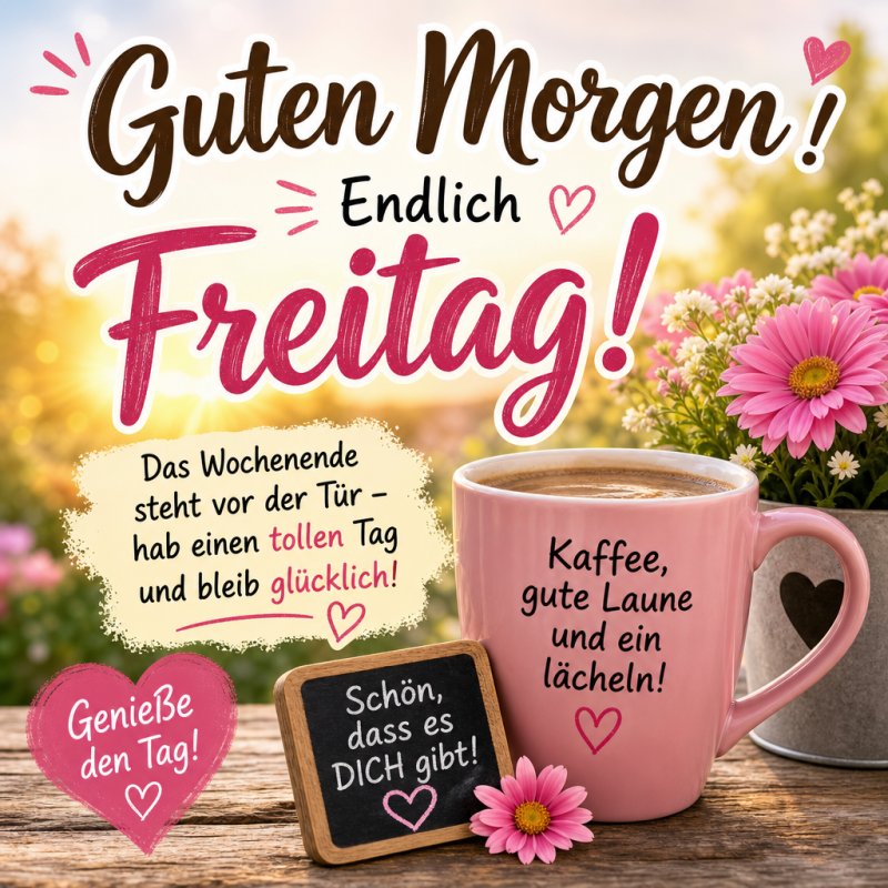 Eine rosa Tasse Kaffee, umgeben von Blumen und Schildern, vermittelt einen fröhlichen Guten-Morgen-Gruß für den Freitag im Licht des Sonnenaufgangs.