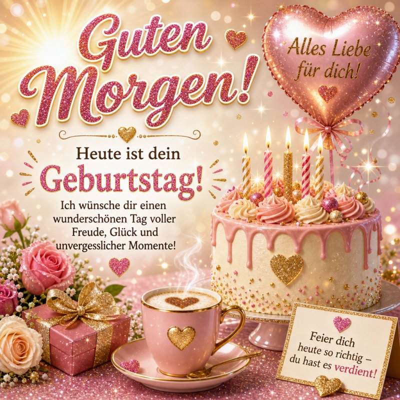 Ein festlich dekorierter Tisch mit rosa Blumen, einer Torte und einer Karte vermittelt einen warmen Guten-Morgen-Gruß zur Geburtstagsfeier.