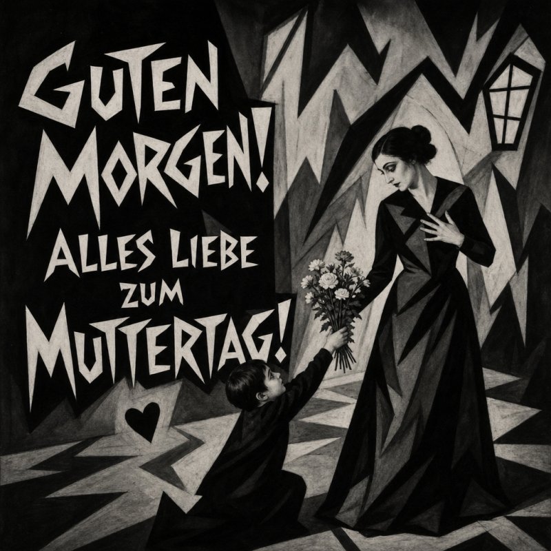 Ein Kind überreicht seiner Mutter in einem dramatischen schwarz-weißen Stil einen Blumenstrauß als Guten-Morgen-Gruß zum Muttertag.