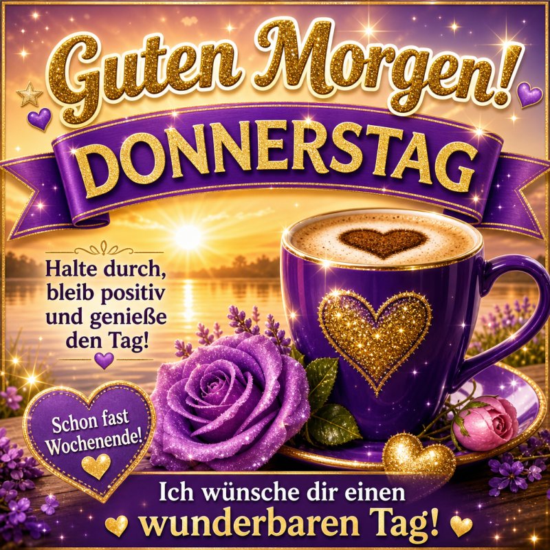Ein lila Design mit einer Kaffeetasse, die ein Herz aus Schaum zeigt, dazu Blumen und ein Sonnenaufgang am Fluss, bietet einen warmen Guten-Morgen-Gruß.
