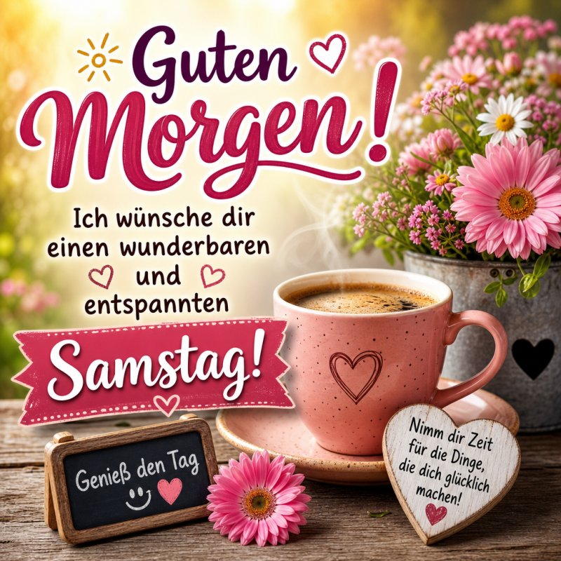 Ein herzlicher Guten-Morgen-Gruß mit Kaffeetasse, rosa Blumen und Holzdekoration in liebevollem Design, um einen entspannten Samstag zu wünschen.