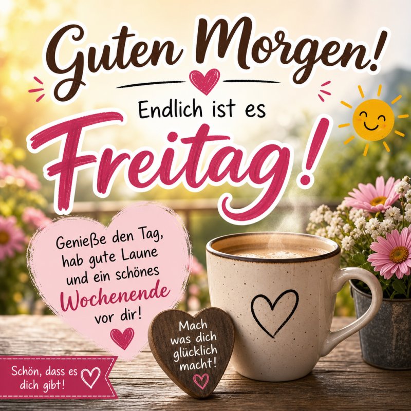 Eine Guten-Morgen-Gruß-Grafik mit einer gemütlichen Tasse Kaffee, Herzen, Blumen und motivierenden Texten zum Start in den Freitag.