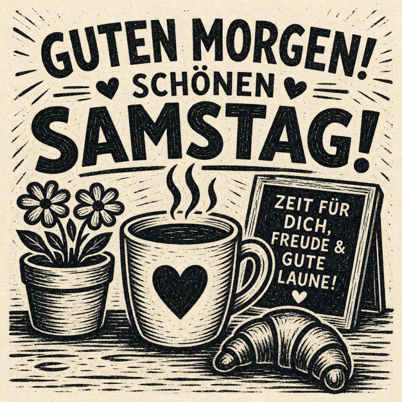 Ein herzlicher Guten-Morgen-Gruß zeigt eine Tasse Kaffee mit Herzmotiv, ein Croissant und Blumen neben einem Schild mit freudiger Botschaft.