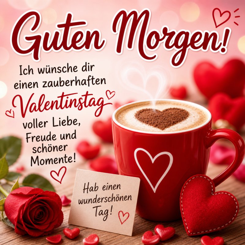 Ein roter Kaffeebecher mit Herzdesign und Schaumherz umgeben von Rosen und Herzen für einen liebevollen Guten-Morgen-Gruß am Valentinstag.