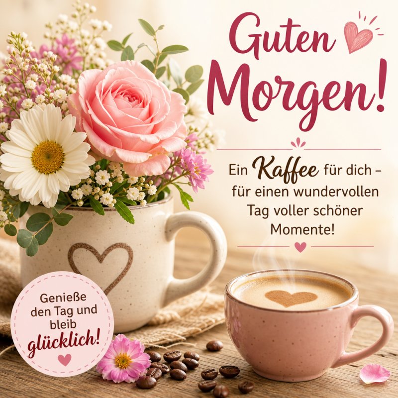 Ein liebevoller Guten-Morgen-Gruß mit einer dampfenden Tasse Kaffee und einem Strauß Blumen, die warme Stimmung und Freude verbreiten.
