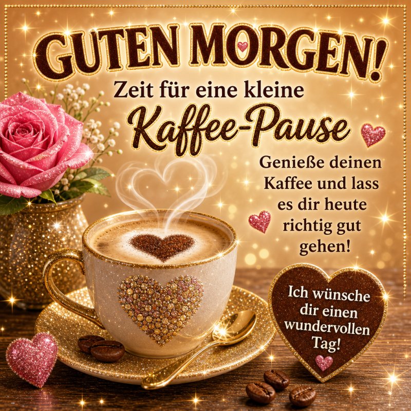 Ein stimmungsvoller Guten-Morgen-Gruß mit einer dekorativen Kaffeetasse, Herzmotiven und einer pinken Rose, stimmungsvoll beleuchtet.