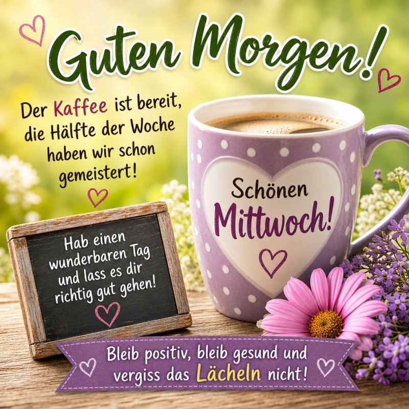 Ein lila Kaffeebecher mit Herzmotiv steht auf einem Tisch, daneben Blumen und eine Tafel mit motivierendem Text; der Guten-Morgen-Gruß hebt die Stimmung.