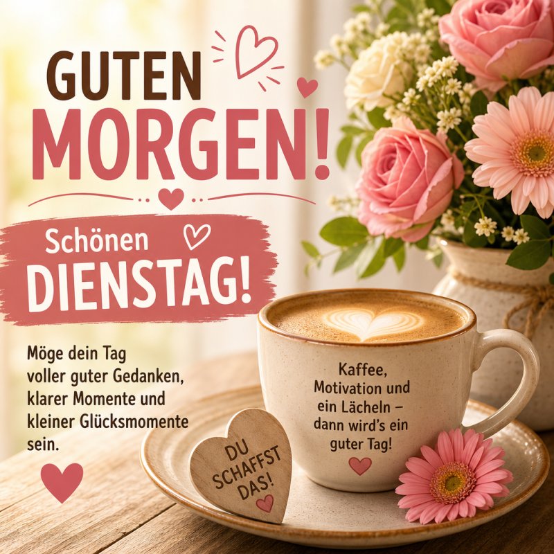 Ein wunderschöner Guten-Morgen-Gruß mit Kaffee, Herzmuster im Milchschaum, Blumenstrauß und motivierender Botschaft auf einem Holztisch.