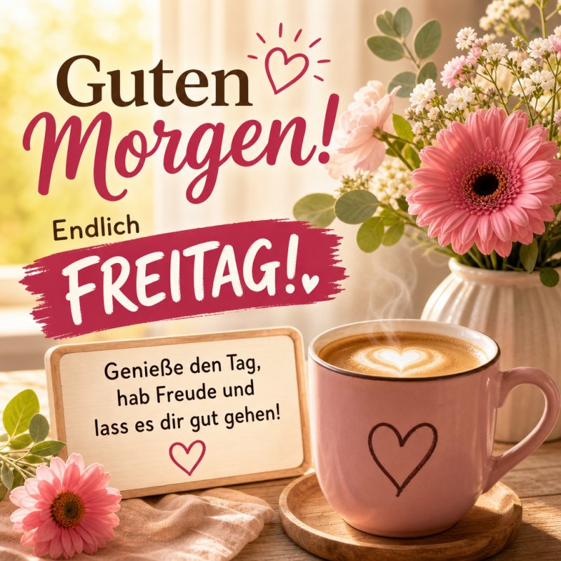 Ein herzförmiger Milchschaum schmückt den Kaffee, umgeben von rosa Blumen, bei einem hellen Guten Morgen im Freitag-Gruß.