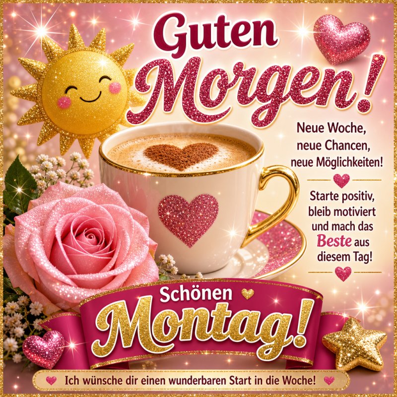 Ein heller Guten-Morgen-Gruß zeigt eine Kaffeetasse mit Herz, eine rote Rose und einen lächelnden Sonnenschein, die zusammen Montagmorgen optimistisch erscheinen lassen.