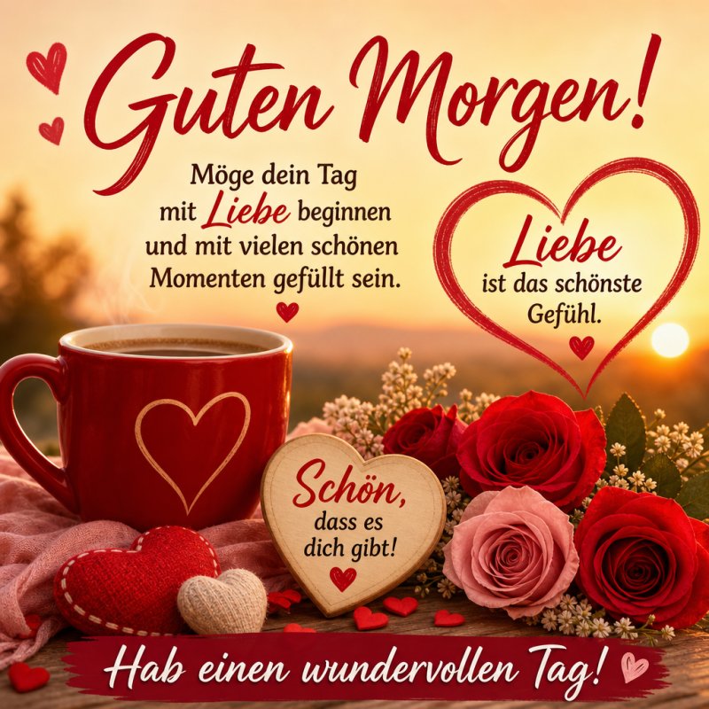 Das Bild zeigt einen romantischen Guten-Morgen-Gruß mit Rosen, Herzen und einer Tasse, die eine warme Stimmung verbreiten.