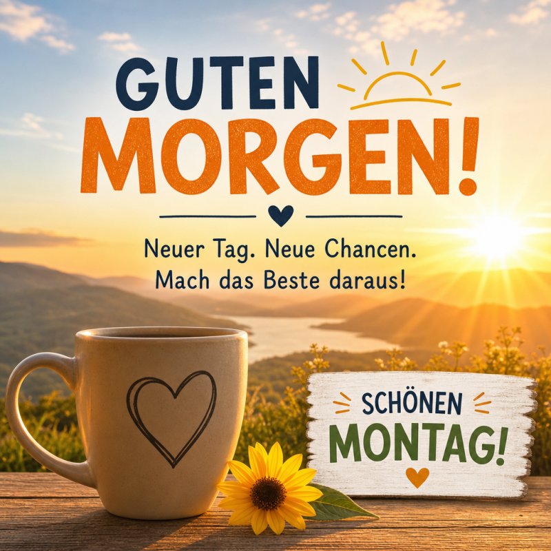 Eine Guten-Morgen-Grußkarte zeigt eine Tasse mit Herzmotiv vor einem Sonnenaufgang an einem See, begleitet von einem Sonnenblume und einem Montag-Schild.