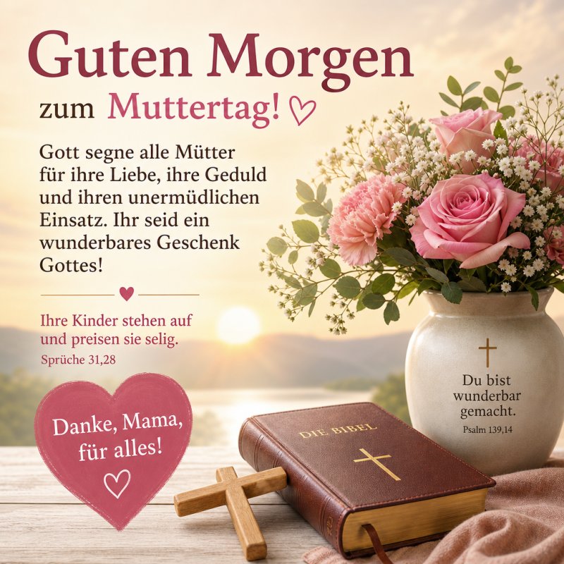Ein herzlich gestalteter Guten-Morgen-Gruß zum Muttertag mit Rosen in einer Vase, Bibel, Kerze und inspirierenden religiösen Botschaften vor Sonnenaufgang.