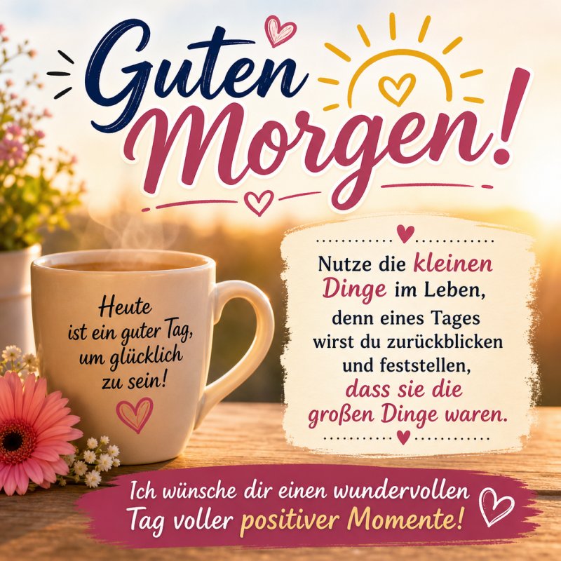 Ein Guten-Morgen-Gruß zeigt eine Kaffeetasse neben einer Blume mit inspirierenden Sprüchen und Herzen vor einem sanften Himmel.