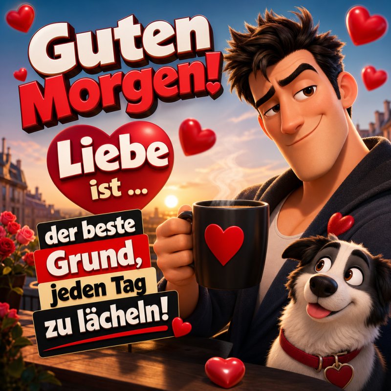Ein fröhlicher Mann mit Hund hält eine Tasse mit Herzmotiv, umgeben von roten Herzen, als liebevoller Guten-Morgen-Gruß bei Sonnenaufgang.