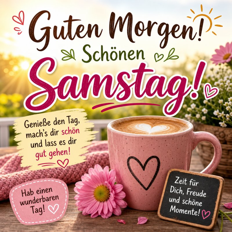Ein liebevoller Guten-Morgen-Gruß zeigt eine herzförmige Kaffeetasse mit Milchschaum, rosa Gänseblümchen und Sonnenschein für einen schönen Samstag.