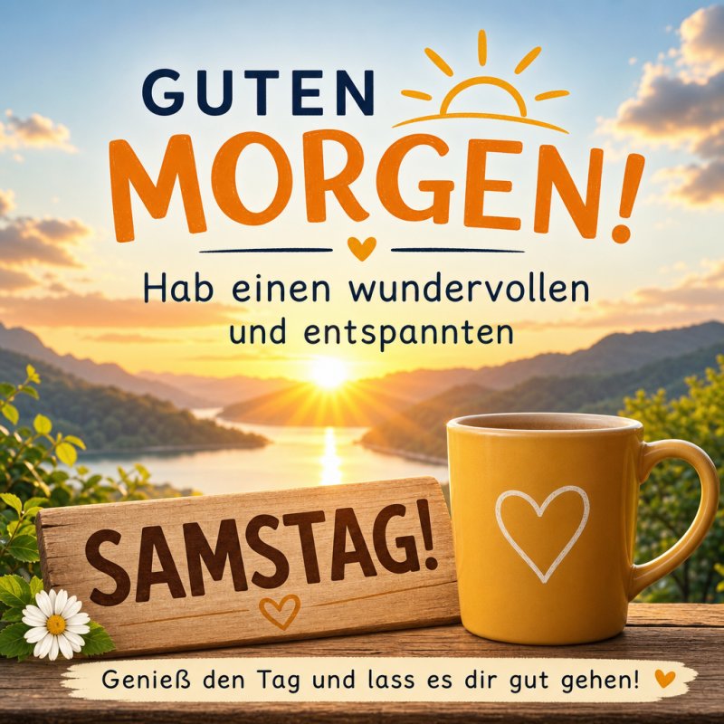 Ein Guten-Morgen-Gruß zum Samstag mit einer Tasse Kaffee und einem Holzschild vor einer malerischen Seelandschaft bei Sonnenaufgang.