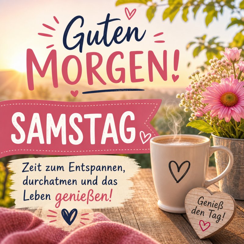 Ein Herz verziertes Kaffeetasse steht auf einem Holztisch mit Blick auf eine sonnige Landschaft und ein Blumenarrangement, ideal für einen Guten-Morgen-Gruß.