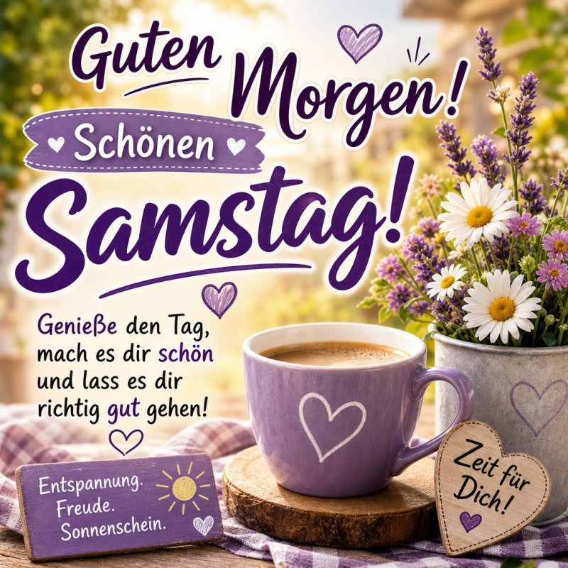 Ein freundlicher Guten-Morgen-Gruß mit lila Tassen, einem Blumenstrauß und herzlichen Botschaften auf Holzunterlagen und einem rustikalen Tisch.