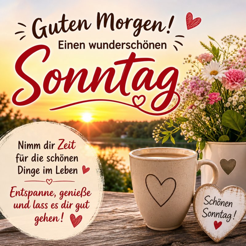 Ein Morgen am See mit einem Blumenstrauß, einem liebevollen Kaffee-Set und der Aufschrift 'Guten Morgen' sowie 'Sonntag' für einen entspannten Start.