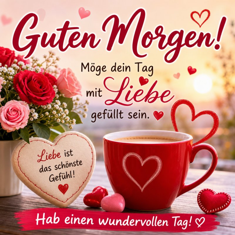 Ein herzförmiges Kissen, rote Rosen und eine rote Tasse Kaffee verbreiten mit der Aufschrift "Guten Morgen" einen liebevollen Guten-Morgen-Gruß.