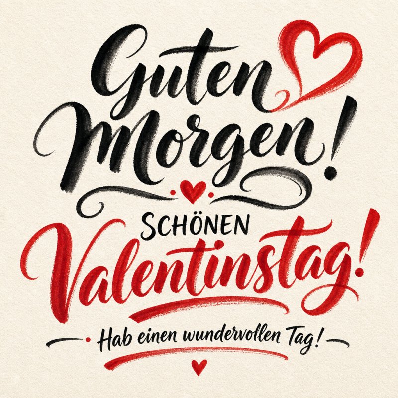 Kalligrafischer Guten-Morgen-Gruß zum Valentinstag mit roten Herzen und schwungvollen Buchstaben auf heller Leinwandstruktur.