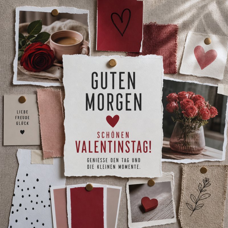 Eine Guten-Morgen-Grußkarte zeigt eine Collage mit roten Rosen, einer Kaffeetasse und Herzen, die Liebe und Romantik zum Valentinstag ausstrahlen.