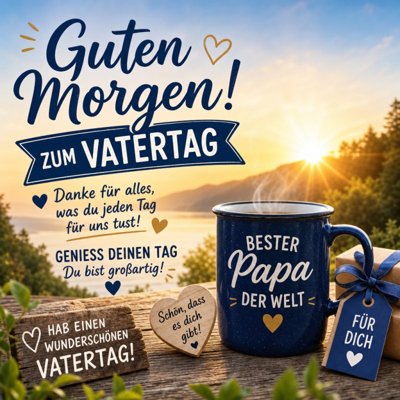 Ein blauer Kaffeebecher mit Aufschrift "Bester Papa der Welt" steht auf einem Tisch am See, umgeben von Herzen und Geschenken, als Teil eines Guten-Morgen-Grußes.