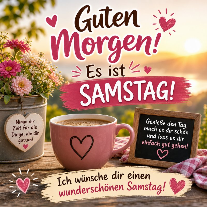 Ein liebevoll gestalteter Guten-Morgen-Gruß zeigt eine rosa Tasse mit Herz, Blumen und herzliche Tafeln vor einer sonnigen Landschaftsszene.