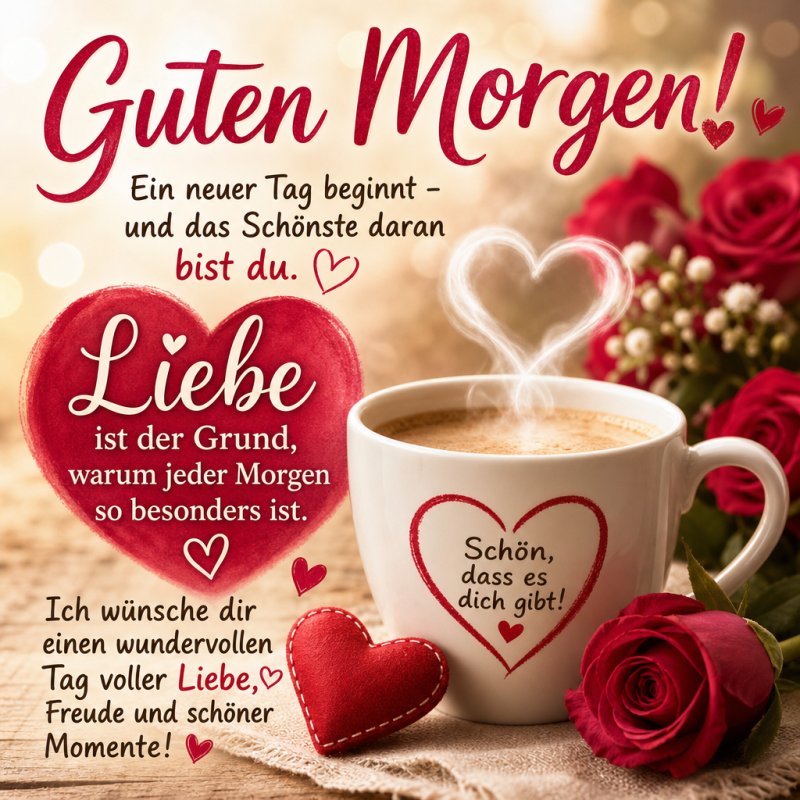 Ein liebevoller Guten-Morgen-Gruß mit einer Kaffeetasse, roten Rosen und Herzen, die den Morgen mit Freude und Liebe beginnen lassen.