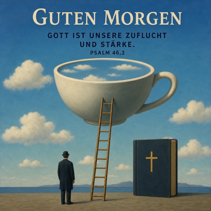 Ein Mann betrachtet eine riesige Tasse mit einer Leiter in himmlischer Umgebung neben einer Bibel mit einem Kreuz und einem Guten-Morgen-Gruß.