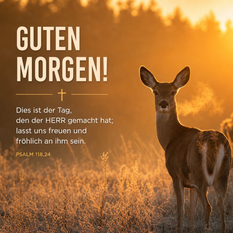 Ein Hirsch steht im goldenen Morgenlicht auf einer Wiese neben einem Guten-Morgen-Gruß und einem Bibelvers über Freude im Herrn.