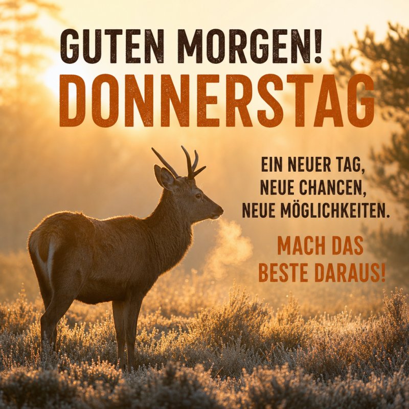Ein Hirsch steht im morgendlichen Licht einer sonnigen Wiese, illustriert für einen Guten-Morgen-Gruß am Donnerstag."